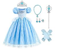 IBAKOM Enfant Fille Robe Princesse Cendrillon Tenues Carnaval Halloween No?l Anniversaire F?te Jouer un r?le Gants Baguette Magique Accessoires Bleu clair-15 11-12 ans