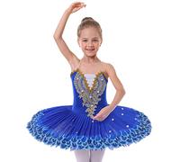 IBAKOM Enfant Filles Robe Ballet Danse lac des cygnes Dentelle Perl?e Camisole Justaucorps Tutu Patinage Artistique Danse Ballerine Tenue Bleu Royal 5-6 Ans