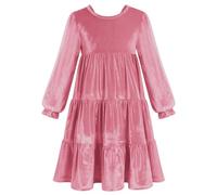 IBAKOM Enfants Filles Automne Robe en Velours Manches Longues Manches ? Bulles Col Rond Bow Robe D?corative Volants Robe de Soir?e Ensemble d'hiver Rose 9-10Y