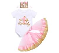 IBAKOM Ensemble B?b? Fille 1er anniversaire Cake Smash Robe bodysuit manches courtes avec paillettes papillons + jupe tutu en tulle + couronne 3 pi?ces Rose+Or 1 an