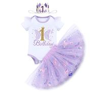 IBAKOM Ensemble Bébé Fille 1er anniversaire Cake Smash Robe bodysuit manches courtes avec paillettes papillons + jupe tutu en tulle + couronne 3 pièces Violet clair 1 an