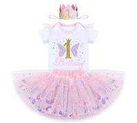 IBAKOM Ensemble Bébé Fille 1er anniversaire Cake Smash Robe bodysuit manches courtes avec paillettes papillons + jupe tutu en tulle + couronne 3 pièces Rose clair 1 an