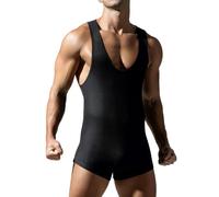 IBAKOM Maillot de corps sans couture pour homme, contrôle du ventre, justaucorps une pièce pour le fitness, la lutte, Noir , XXL