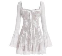 IBAKOM Mini Robe Sexy Vintage à Manches Cloche pour Femmes avec Corset, A Line Flowy de Fête Fleurie à Volants en Dentelle