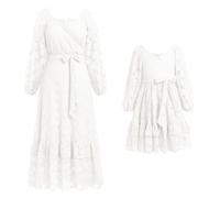 IBAKOM Robe assortie pour maman et moi - Manches longues - Robe décontractée bohème - Robe de plage - Automne - Hiver - Pour femme et fille - Tenue assortie, Blanc., 8-9 ans