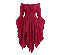 IBAKOM Robe Médiévale-Victorienne Renaissance pour Femme : Robe Fluide à Volants, Ourlet en Pointe Irrégulier, Vintage Déguisements épaules dénudées, Costume Gothique Rouge M