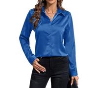 IBAOTORONI Chemise boutonnée en satin doux sans plis pour femme à manches longues col classique d'affaires décontracté en soie, bleu, Taille XL