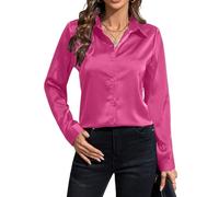 IBAOTORONI Chemises boutonnées en satin doux sans plis pour femmes, manches longues, col classique, chemisiers en soie style professionnel décontracté, rose rouge, Taille M