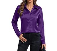 IBAOTORONI Chemises boutonnées en satin pour femme : chemisier à manches longues en soie à col classique boutonné haut de travail décontracté, violet, Taille XL