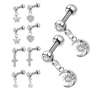 ibasenice Ensemble 10 Pièces de Boucles d'Oreilles pour Cartilage en Acier Inoxydable Hypoallergénique Motifs Croix Lune Étoiles Insecte et Cœur - Bijoux Légers pour Piercing d'Oreille