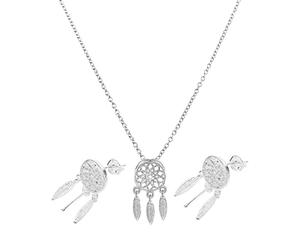 ibasenice Ensemble Collier et Boucles d'Oreilles Attrape-Rêves en Métal Sûr Pendentif Plume Finition Brossée 3 Pièces Parure de Bijoux Femme pour Usage Quotidien et Présent