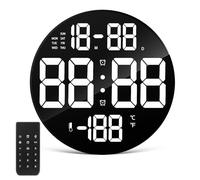 ibasenice Horloge Murale Numérique Ronde LED avec Télécommande, Affichage Date et Température, Plastique Noir, Support Détachable pour Salon ou Bureau