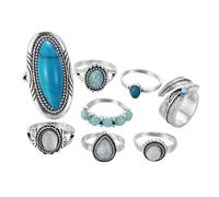 ibasenice Lot de 8 Set de Set de Bagues Vintage en Alliage Imitation Turquoise, Taille Unique, Bagues D'articulation pour Femmes, Style Bohème Décontracté, pour Présents et Usage Quotidien