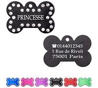 Ibera Gifts - Médaille Chien avec Gravure en Forme d'Os avec Strass, Pour Animaux Moyens à Grands, Médaille Chien Gravée en Aluminium Brillant, Taille 40x27 mm (Noir)