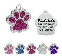 ibera gifts - Medaille Chien Avec Gravure Forme Patte 30 x 33 mm En Métal Allié Pour Petits Et Moyens Chiens Et Chats - Médaille Chien Gravée Personnalisée Durable (Strass/Fuchsia)