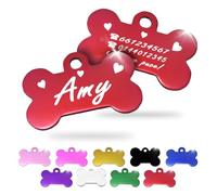 Ibera gifts - Plaque identification personnalisée pour chien et chat - petits à moyens - en forme d’os - personnalisé médaille gravure medaillon dog tag colier (Cœurs, Rouge)