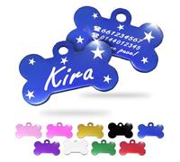 Ibera gifts - Plaque identification personnalisée pour chien et chat - petits à moyens - en forme d’os - personnalisé médaille gravure medaillon dog tag colier (Étoiles, Bleu)