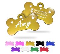 Ibera gifts - Plaque identification personnalisée pour chien et chat - petits à moyens - en forme d’os - personnalisé médaille gravure medaillon dog tag colier (Cœurs, Doré)