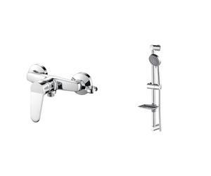 Ibergrif M12059-1, Mitigeur monocommande Douche, Robinet Douche Universel Filetage G1/2 & M20903 Ensemble Barre de Douche 55 CM, Douchette, Flexible, Porte-Savon, Chrome, Argent
