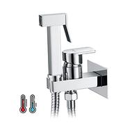 IBERGRIF, Douche Bidet WC Encastré Carré Kit Set avec Flexible, Support, Douchette, Eau Chaude et Froide, Chromé, Argent