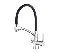 Ibergrif M22128-2, Robinet de Cuisine à 3 voies, Mitigeur de Cuisine Flexible, Robinet d'Évier d'Eau Potable Réglable à 360° (Double Poignée), Corps en Laiton, Chrome, Argent/Noir