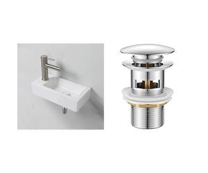 Ibergrif M41102-L, Lavabo Lave Main Blanc Rectangulaire en Céramique Suspendu pour Salle de Bains et WC & M20502 vidage Salle de Bain, Bonde de Lavabo Pop Up, Chromé, Argent