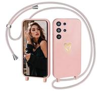 IBETEK Coque avec Cordon pour Samsung Galaxy S24 Ultra 5G, Coque de Cellulaire Corde Silicone Étui en Motif Coeur avec Réglable Collier Téléphone Chaîne Lanyard Case Housse pour S24 Ultra 5G, Pink