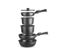 IBILI - Ensemble batterie 9 pièces Kompakto, poêle 20-26 cm, poêle profonde 26 cm, casserole 18-20 cm, couvercle 20-26 cm, 2 poignées amovibles, sans PFAS, aluminium fondu, empilable, facile à ranger