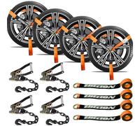 IBITION 4 Pack Car Tie Down Straps for Trailers with Heavy Duty Chain Anchors 2" x 96" - 3,300 lbs Safe Working Load -Adjustable Wheel Straps with Chain Hook Anchors for Trailers.Orange