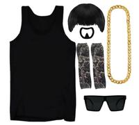 Ibiza Costume de Final Boss - Perruque coupe bol, gilet noir, chaîne dorée, bouc, 2 manches de tatouage et lunettes noires - Déguisement amusant pour festivals et fêtes d'Halloween