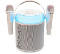 Ibiza Enceinte karaoké KARAHOME-WH lumineuse sur batterie, 2 micros sans fil, Bluetooth, USB – Blanc