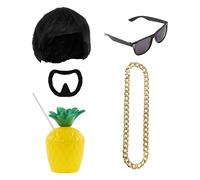Ibiza Ensemble d'accessoires de costume Final Boss - Perruque noire coupée au bol, bouc, chaîne dorée, nuances et tasse d'ananas - Kit de déguisement amusant pour festivals et fêtes - Taille unique