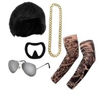 Ibiza Final Boss Costume - Ensemble d'accessoires de rave, perruque noire coupée au bol noir, bouc, chaîne dorée, faux tatouages et nuances - Kit de déguisement amusant pour festivals et fêtes