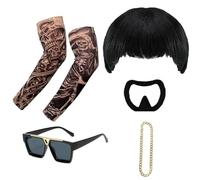 Ibiza Final Boss Ensemble d'accessoires de costume 5 pièces, perruque noire coupée au bol, fausses manches de tatouage et chaîne dorée, chèvre, lunettes de soleil, kit de déguisement amusant pour