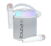 Ibiza Enceinte karaoké KARAHOME-WH lumineuse sur batterie, 2 micros sans fil, Bluetooth, USB – Blanc