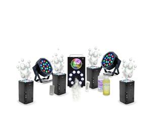 Ibiza Light - Pack Lumière DJ complet Machine Fumée FOGGY-ASTRO - 2 PAR LED 18 W - 4 machines Bulles LED BUBBLE-DREAM - Soirée Scène Anniversaire