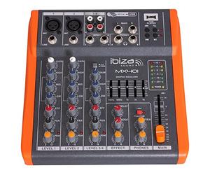 Ibiza - MX401 - Table de mixage complète semi-professionnelle à 4 canaux (égalisateur 5 bandes) avec entrées micros et lignes et sorties REC, RCA, casque et AUX - USB - Noir et orange