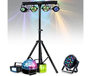 IBIZA SOUND LIGHT - Pack 8 Jeux de Lumière DJLIGHT60 - Projecteurs - Moonflower - Strobo - Astro - Derby - Pied Support - Soirée - DJ Mobile