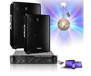Ibiza Sound Light - Pack Sono 1680W Total - 2 Enceintes 2x600w - Ampli Ventilé 2x240w - Jeu de Lumière - Câblage - Bar Mariage Anniversaire