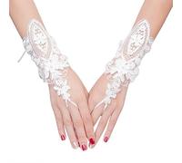 IBLUELOVER Gants Mariage Blanc Gant Déguisement Femme Mitaines Court Exquis Gants en Dentelle avec Lacet Accessoires Robe Manches Mariée Wedding Soirée Banquet Performance Cérémonie Halloween