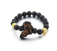 Ibralet Bracelet Pierre De Lave, Naturel 10Mm Roche Volcanique Noire De L'Afrique Carte Pendentif En Bois, Bracelet Manchette Élastique Réglable Bijoux Bracelet Unisexe Couple Amitié Cadeau Festival