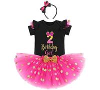 IBTOM CASTLE 1er/2e/3e Anniversaire Fille à manches courtes Barboteuse/T-shirt+Jupe Tutu en Tulle Pois Bandeau Vêtements Anniversaire Tenue de Soirée Robe Photographie Noir+Rose Vif-2 2 ans
