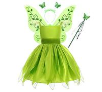 IBTOM CASTLE 4PCS Enfant Fille Déguisement Fée Clochette Cosplay Princesse Elfe Robe Fête Anniversaire Longue avec Ailes Serre-tête Baguette de Fée Papillon Costume Halloween Party Vert 6-7 Ans