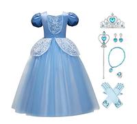 IBTOM CASTLE Deguisement Princesse Robe Fille Costume Papillon Rose Enfant Manches Longues Carnaval avec Couronne Baguette Magique Bleu-03 5-6 Ans