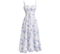 IBTOM Castle Femme Robe Floral Imprimé de Plage Bretelles Spaghetti Fendue d'Été Boho Casual Corset Photographie Vacance Blanc-Bleu-Floral S