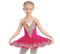 IBTOM CASTLE Fille sans Manches Robe Ballet Brodée de Plumes Justaucorps Gymnastique Patinage Ballet Tutu Costume de Danse Enfant Ballerina Rose Rouge 7-8 Ans