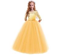 IBTOM Castle Filles Robes C?r?Monie Dentelle Florale 3/4 Manches pour Mariage Demoiselle d'honneur Soir?e Communion F?Te Anniversaire Bapt?me Pagent Prom 2-14 Ans Jaune 9-10 Ans