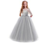 IBTOM Castle Filles Robes C?r?Monie Dentelle Florale 3/4 Manches pour Mariage Demoiselle d'honneur Soir?e Communion F?Te Anniversaire Bapt?me Pagent Prom 2-14 Ans Gris 7-8 Ans