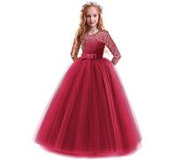 IBTOM Castle Filles Robes C?r?Monie Dentelle Florale 3/4 Manches pour Mariage Demoiselle d'honneur Soir?e Communion F?Te Anniversaire Bapt?me Pagent Prom 2-14 Ans Bourgogne 7-8 Ans