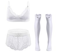 IBTOM CASTLE Hommes Sous-vêtements Soutien-gorge De Lingerie Sexy Col V En Dentelle Florale Transparente Avec Bas Pour La Nuit De Noces intérieur Haut+Sous-Vêtement+Paire De Bas Blanc XL